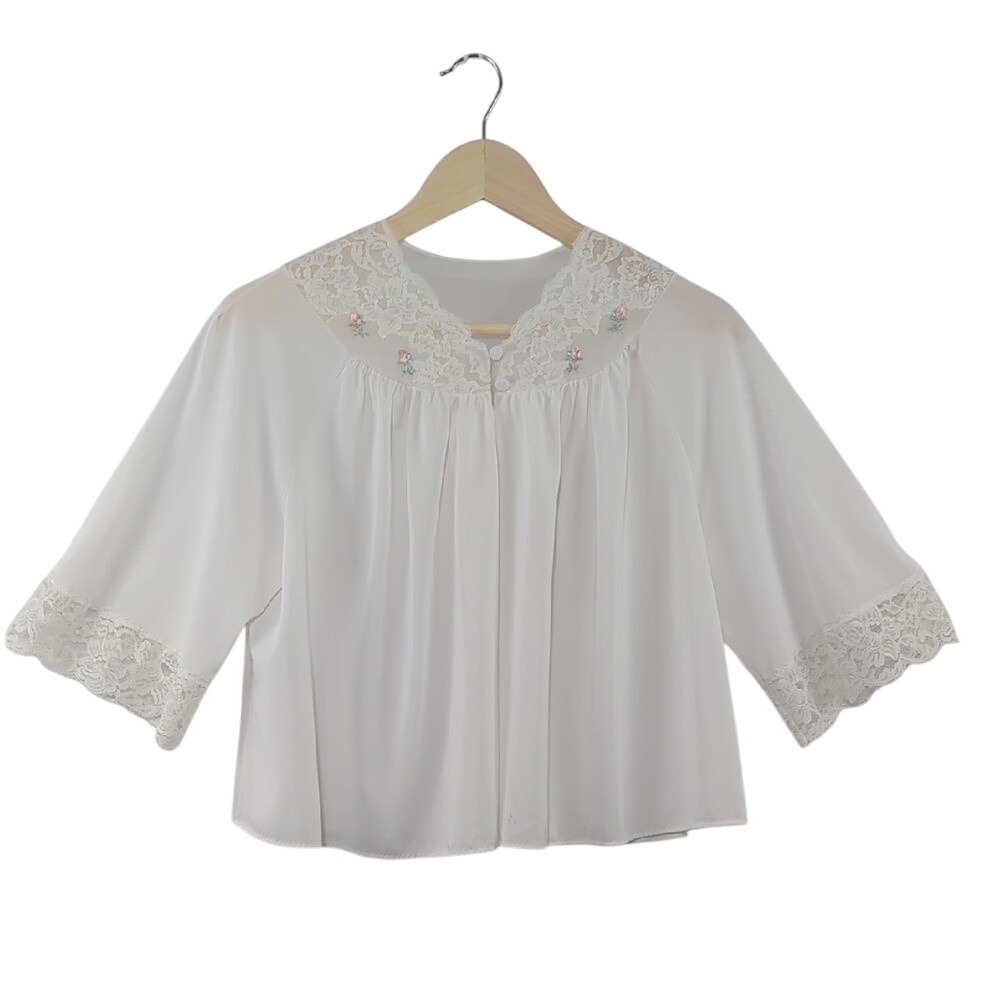 Vintage 60s ShadowLine White Nylon Lace Trim Bed Jacket Rose S Cottagecore Fairy
